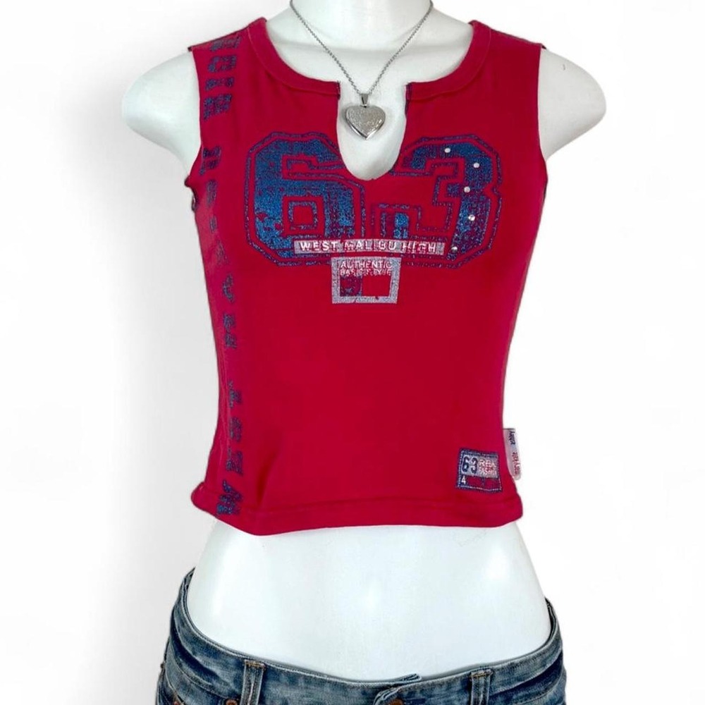 y2k red rhinestone graphic sports tank top mary kate and ashley